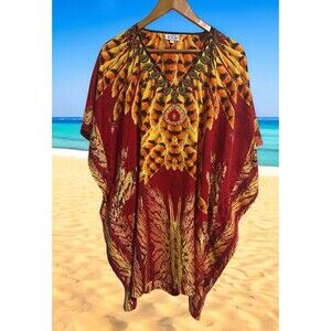 Jovie Kaftan Beach Cover-Up One Size Tunic Boho Resort Wear Red Orange Yellow